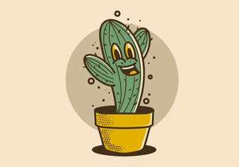 Mascot character illustration of cactus with a cheerful face in a pot