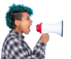 african american girl or woman with megaphone isolated on blue background