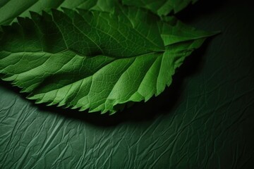 single green leaf resting on a wooden table. Generative AI
