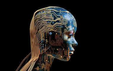 A fusion of technology and humanity, depicting a profile view of a robotic head with intricate circuits