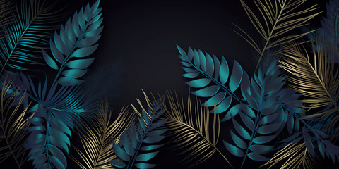 Dark mystique of navy leaves and golden fronds against an inky background, evoking a midnight garden