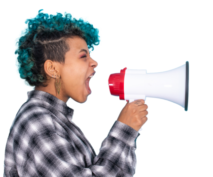 african american girl or woman with megaphone isolated on blue background - Powered by Adobe