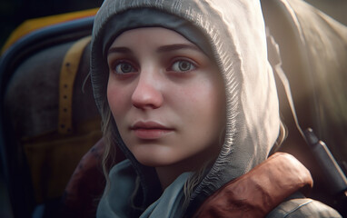 Young woman with a contemplative gaze seated in a vintage car, ready for a road trip