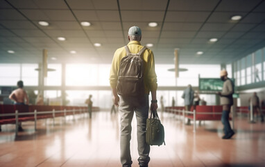 Man at the airport with a backpack, facing the light, ready for a new journey