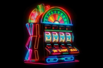 Picture One neon shining casino slot machine in an empty place in high resolution, excellent quality, entertainment, risk, passion, turnover of huge sums of money, abstraction, business. ai generated.