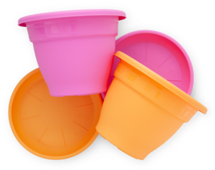 Gardening pots set, plastic colorful garden pots with plates, top view isolated on white background. Banner for sale of plants and flowers products