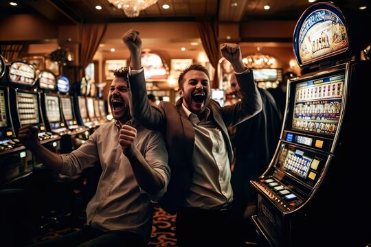 Men rejoice at winning on a slot machine at the casino. ai generated.