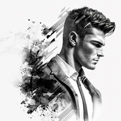 Half-turned side profile close up view portrait of handsome virile masculine attractive confident smart intelligent clever african man looking aside weairng smartsuit isolated on gray background