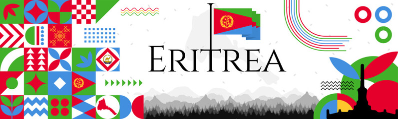 The Eritrea Independence Day abstract banner design with flag and map. Flag color theme geometric pattern retro modern Illustration design. Green, blue and Red color template.