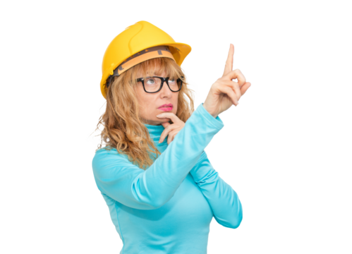 woman with construction helmet pointing, construction and architecture
