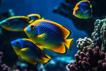Close up view of colorful Tropical fishes in the ocean. Generative AI	