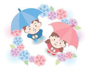 紫陽花に囲まれる傘をさした子供たち