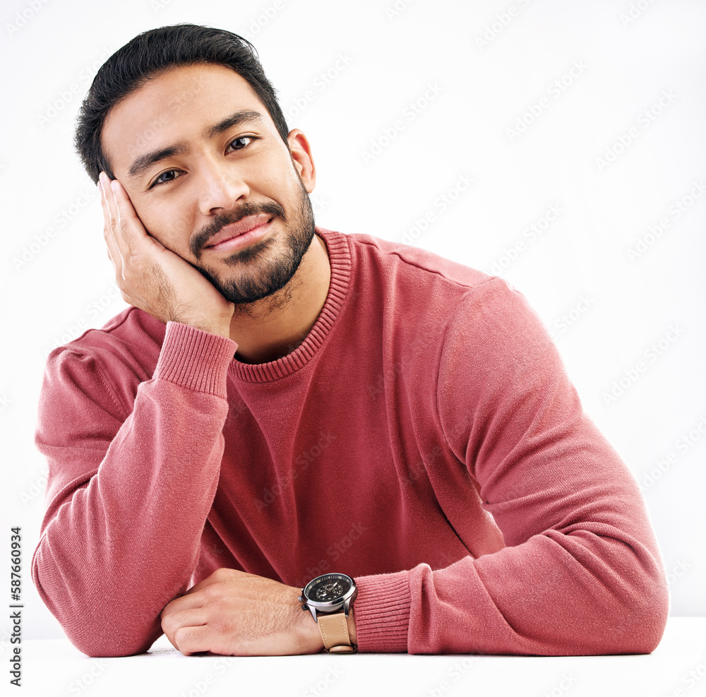 Poster relax, man and portrait in a studio with a smile looking attractive and handsome. isolated, white ba