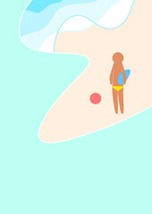 Summer beach poster. Man in swimsuit holding surfboard  and a beach ball on the floor.