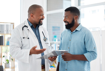 Doctor, black man and patient with clipboard in consultation, talking or health results in...