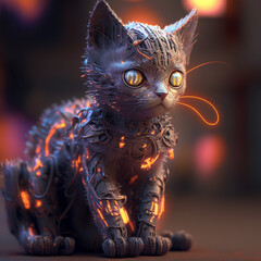 Cute little robotic cat, kawaii, beige on a warm gray background, warm orange side light, 3D rendering