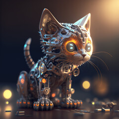Cute little robotic cat, kawaii, beige on a warm gray background, warm orange side light, 3D rendering