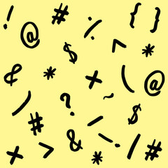 pattern with the image of keyboard symbols. Punctuation marks. Template for applying to the surface. pastel yellow background. Square image.