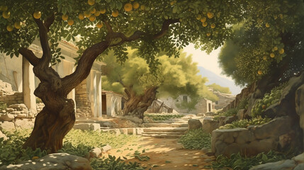 Greek garden, doric columns, ruins, golden fruit trees (Generative AI)  - obrazy, fototapety, plakaty