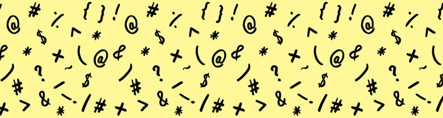 pattern with the image of keyboard symbols. Punctuation marks. Template for applying to the surface. pastel yellow background. Horizontal image. Banner for insertion into site.