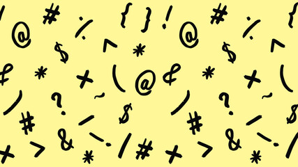 pattern with the image of keyboard symbols. Punctuation marks. Template for applying to the surface. pastel yellow background. Horizontal image. Banner for insertion into site.