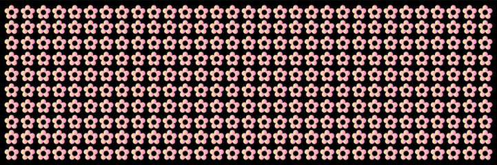 Horizontal border with floral pattern. Vector illustration. Dark background with small pink flowers in a row.