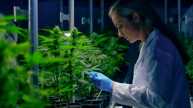 Female scientist research and record data from gratifying cannabis plants in the pot. Copy space. Generative AI. (1)