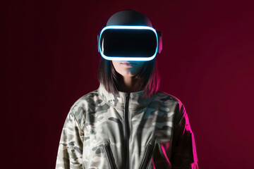 a woman wearing a virtual reality headset on neon light background. Created with Generative AI Technology