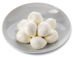 Buffalo mozzarella cheese, mozzarella balls in white plate isolated