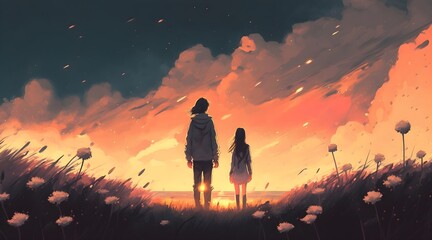 beautiful scenery of the young couple standing in glowing flowers filed and looking sunset sky, digital art style, illustration painting, Generative AI