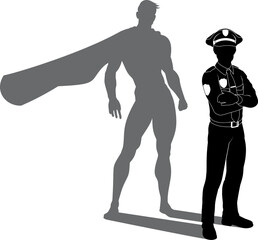 A superhero police officer man policeman revealed by his shadow silhouette as a super hero in a cape