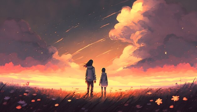 beautiful scenery of the young couple standing in glowing flowers filed and looking sunset sky, digital art style, illustration painting, Generative AI