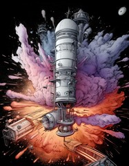 Colorful exploding space station, cartoon style
