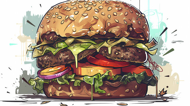 delicious burger illustration design, sktech style over white background. ai generative