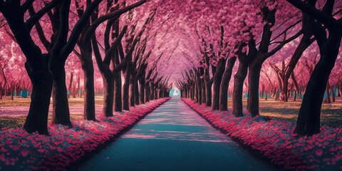 Sakura Cherry blossoming alley. Wonderful scenic park with rows of blooming cherry sakura trees in spring. Pink flowers of cherry tree, generative AI