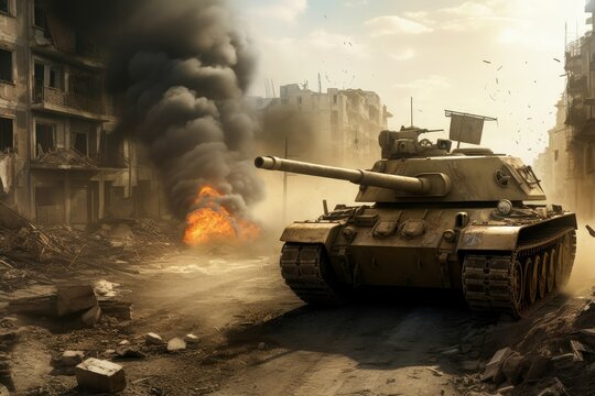 Tank in burning city. Generate Ai