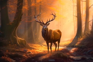 Beautiful red Deer with big antlers standing proud at the edge of Autumn woodland forest as golden sunlight illuminates the majestic misty background. Generative AI.
