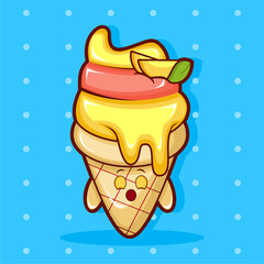 Cartoon illustration of mango ice cream with sleepy  face