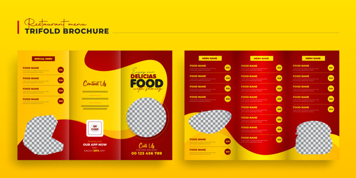 Delicious Food menu trifold brochure template design, Restaurant food menu Brochure flyer catalog leaflet booklet  pricelist Template design