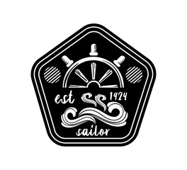 Ship wheel label black and white. Nautical equipment, part of boat and ship, vessel. Travel, trip and journey. Badge or patch. Poster or banner for website. Cartoon flat vector illustration