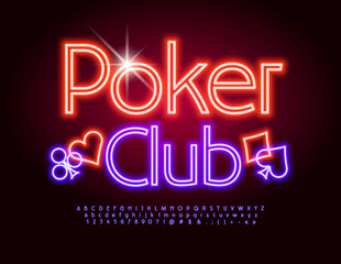 Vector neon poster Poker Club. Bright Glowing Font. Modern Alphabet Letters and Numbers set