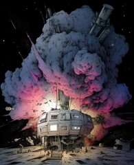 Colorful exploding moon station, cartoon style