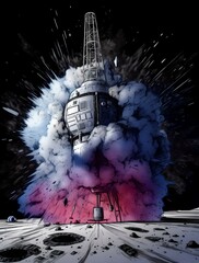 Colorful exploding moon vehicel, cartoon style