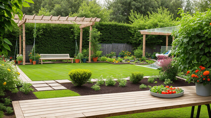 backyard Garden, Informal arrangement of vegetables and flowers, A hammock or garden bench in the background. Generative AI
