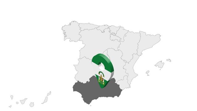 Location Andalusia on map Spain. 3d Andalusia  flag map marker location pin. Map of Spain showing different parts. Animated map Autonomous communities of Spain. 4K.  Video