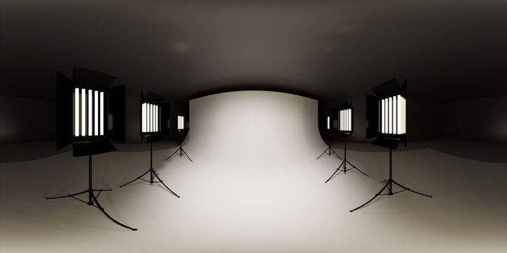 HDRI map, spherical studio environment panorama background, 360-degree high contrast interior light source render (8K, 3d equirectangular illustration)
