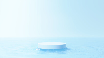 Fototapeta na wymiar 水面に浮かぶ白い円柱の台座。海のように広い空間。（横長） 