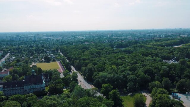 Aerial drone view of Spreepark Planterwald forest in Berlin