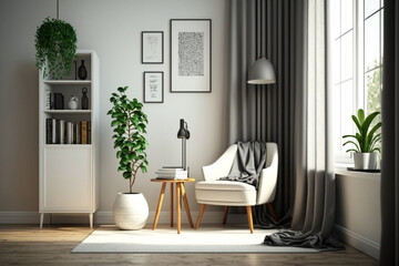 Cozy Living Room Interior with White Chair, Bookshelf, and Blank Wall generative ai