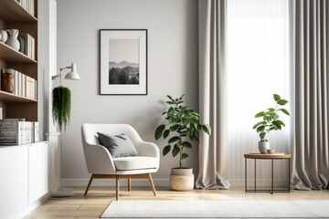 Cozy Living Room Interior with White Chair, Bookshelf, and Blank Wall generative ai